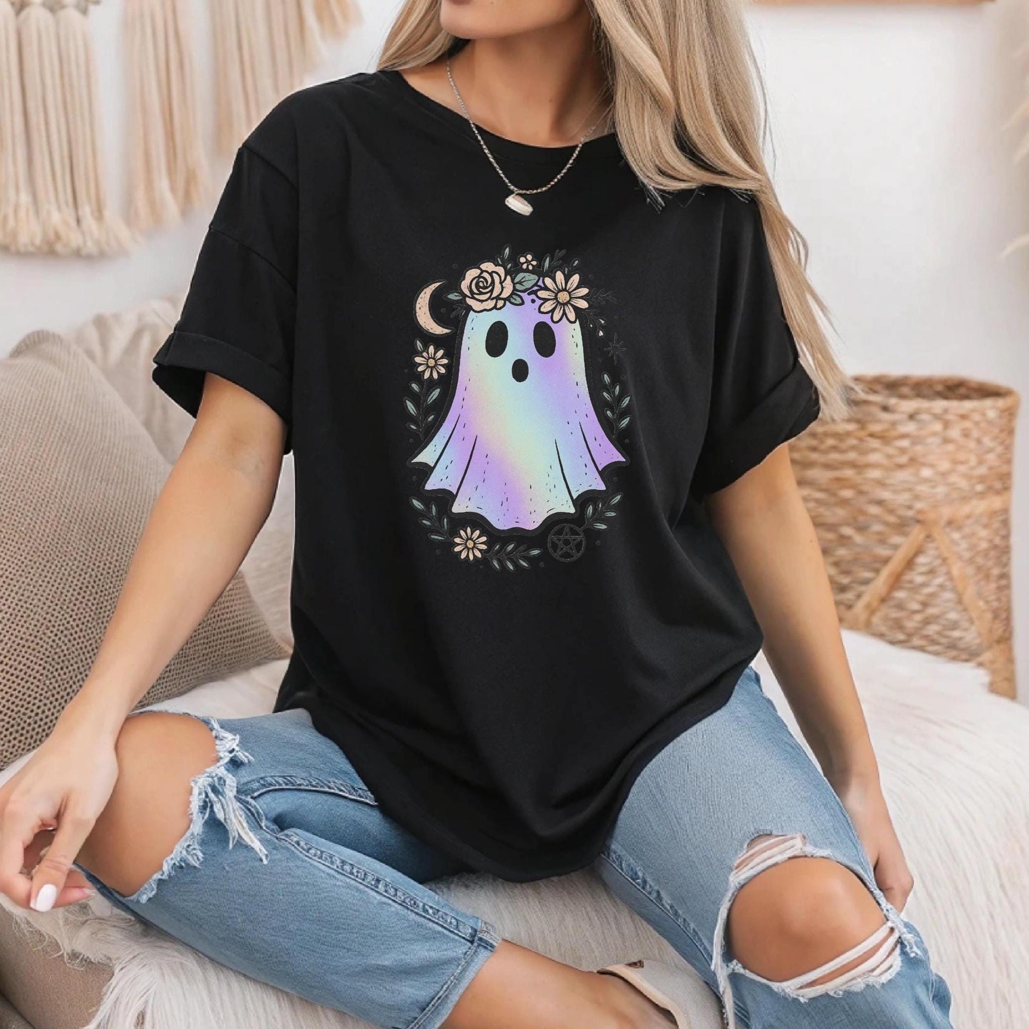 Halloween Theme Cute Boho Iridescent Ghost T-shirts
