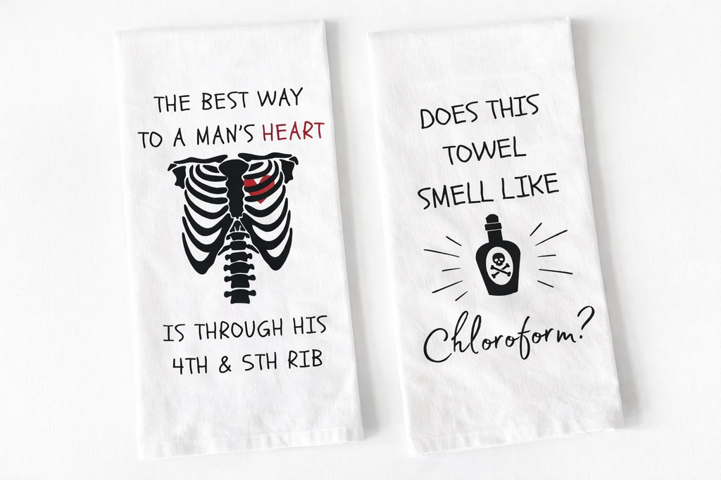Funny Kitchen Towels Set: "Man's Heart" & "Chloroform"