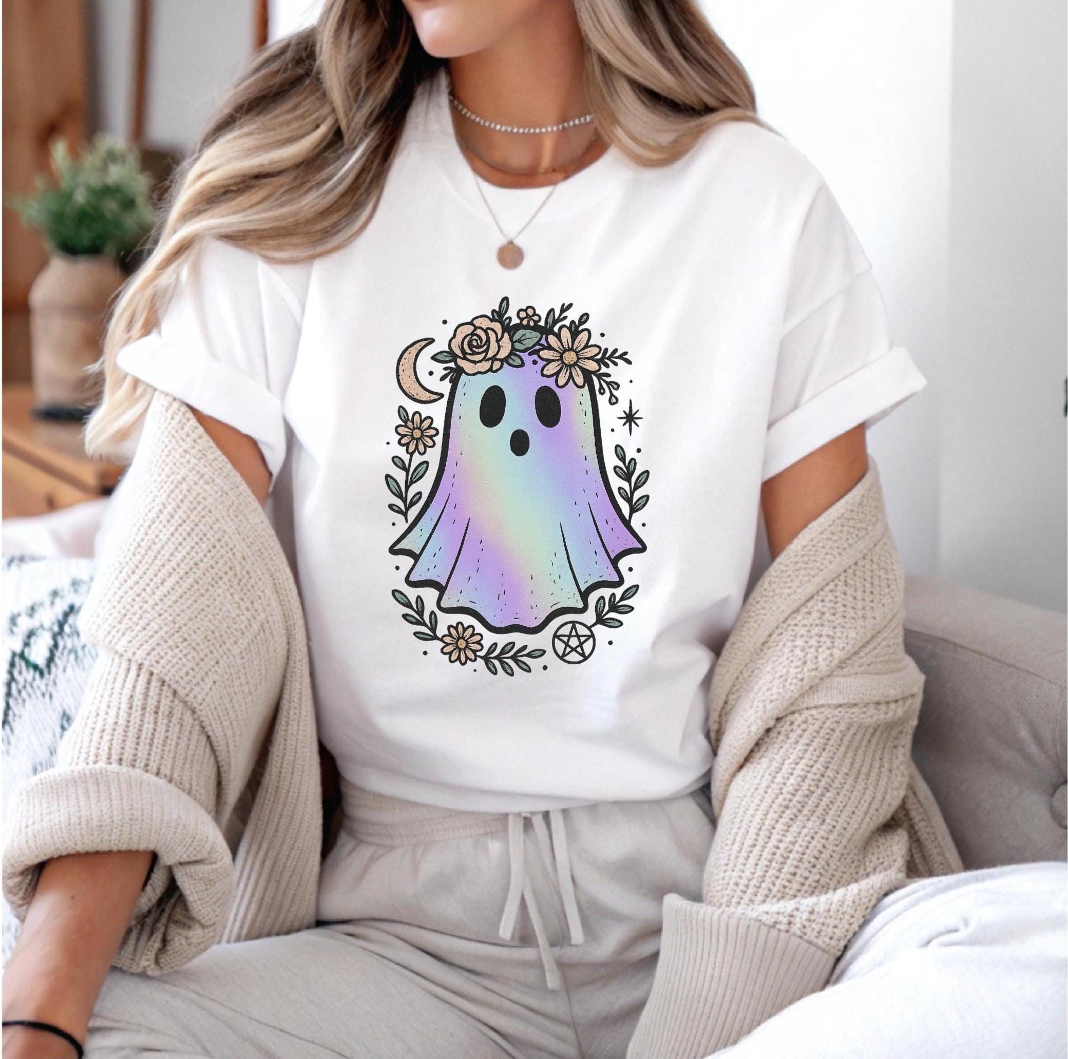 Halloween Theme Cute Boho Iridescent Ghost T-shirts