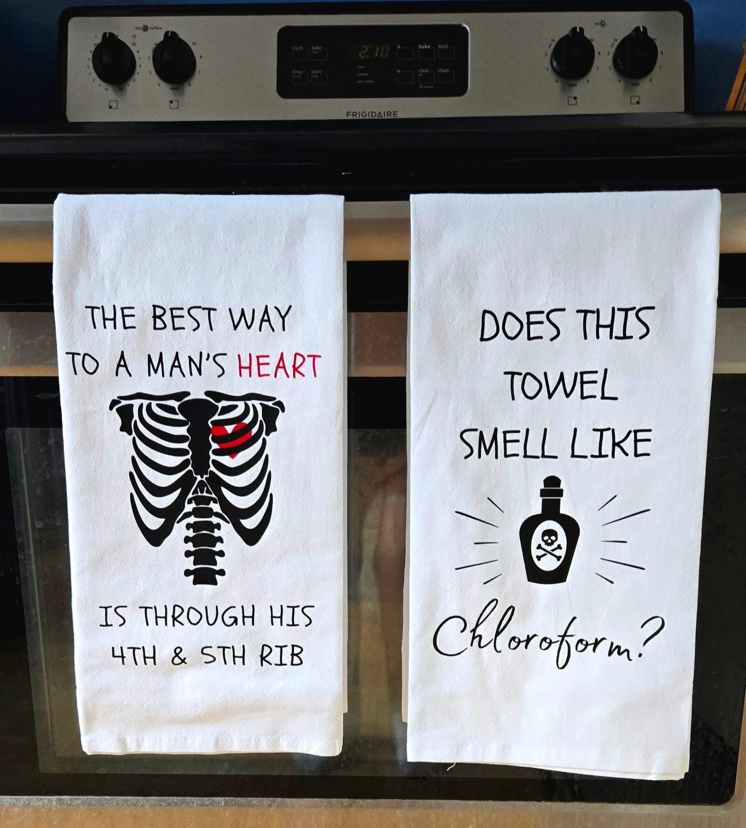 Funny Kitchen Towels Set: "Man's Heart" & "Chloroform" - Gag Gift