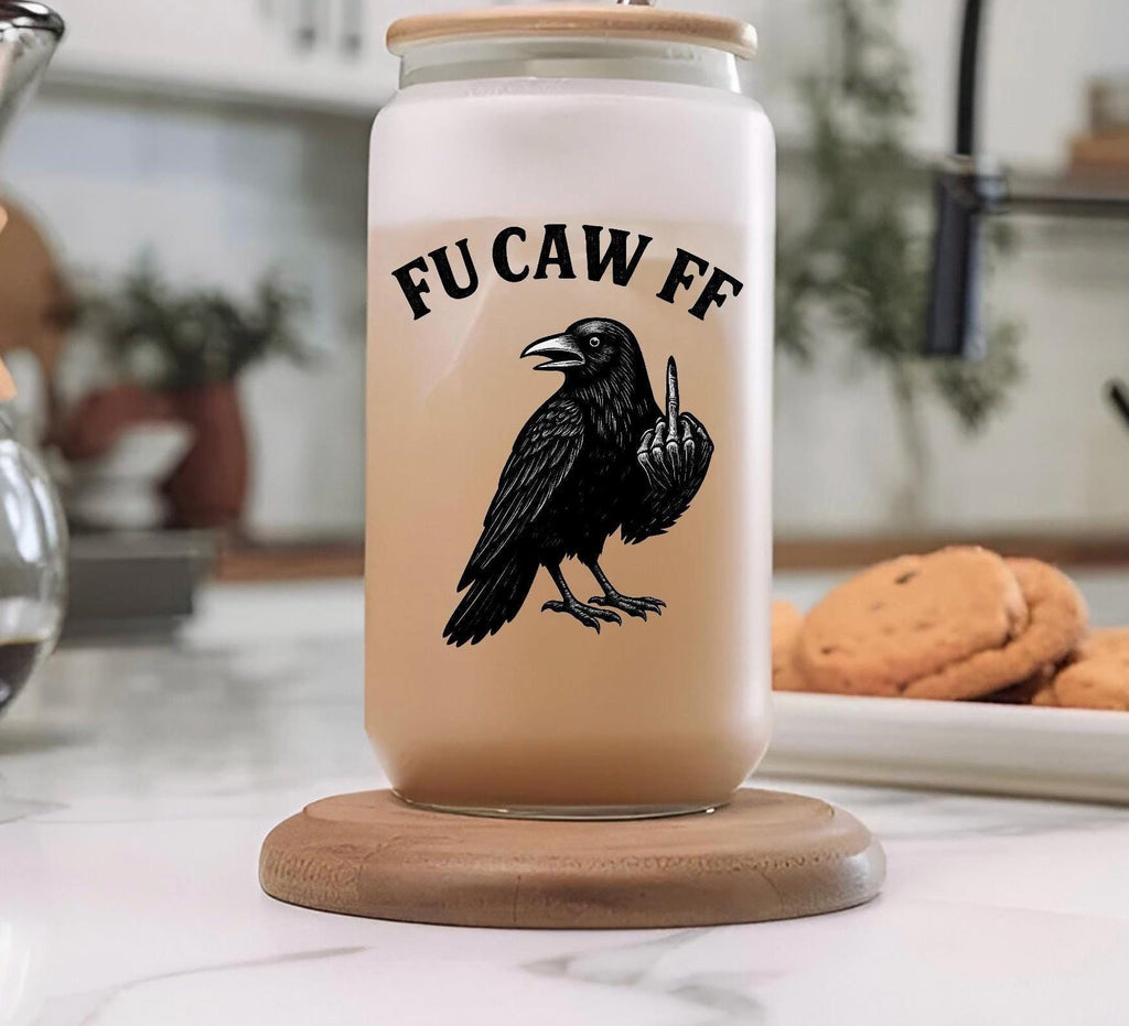 Fu Caw FF Funny Crow Iced Coffee Libbey Glass Jar, Bamboo Lid & Glass Straw