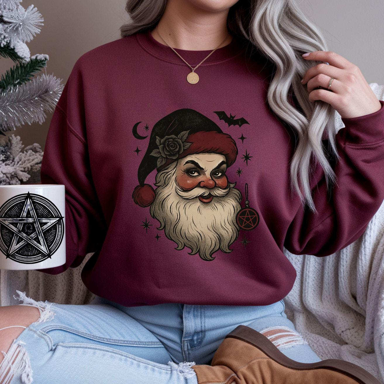 Creepy Horror Santa Sweatshirt:  Gothic Emo Krampus Sweatshirt