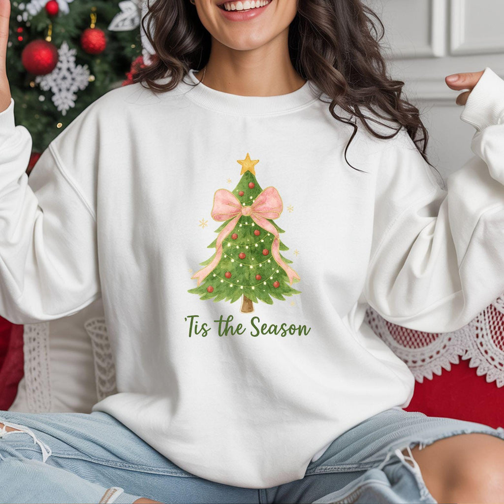 Tis the Season Coquette Pink Bow Christmas Sweatshirt:  Pretty Holiday Tree Sweatshirt
