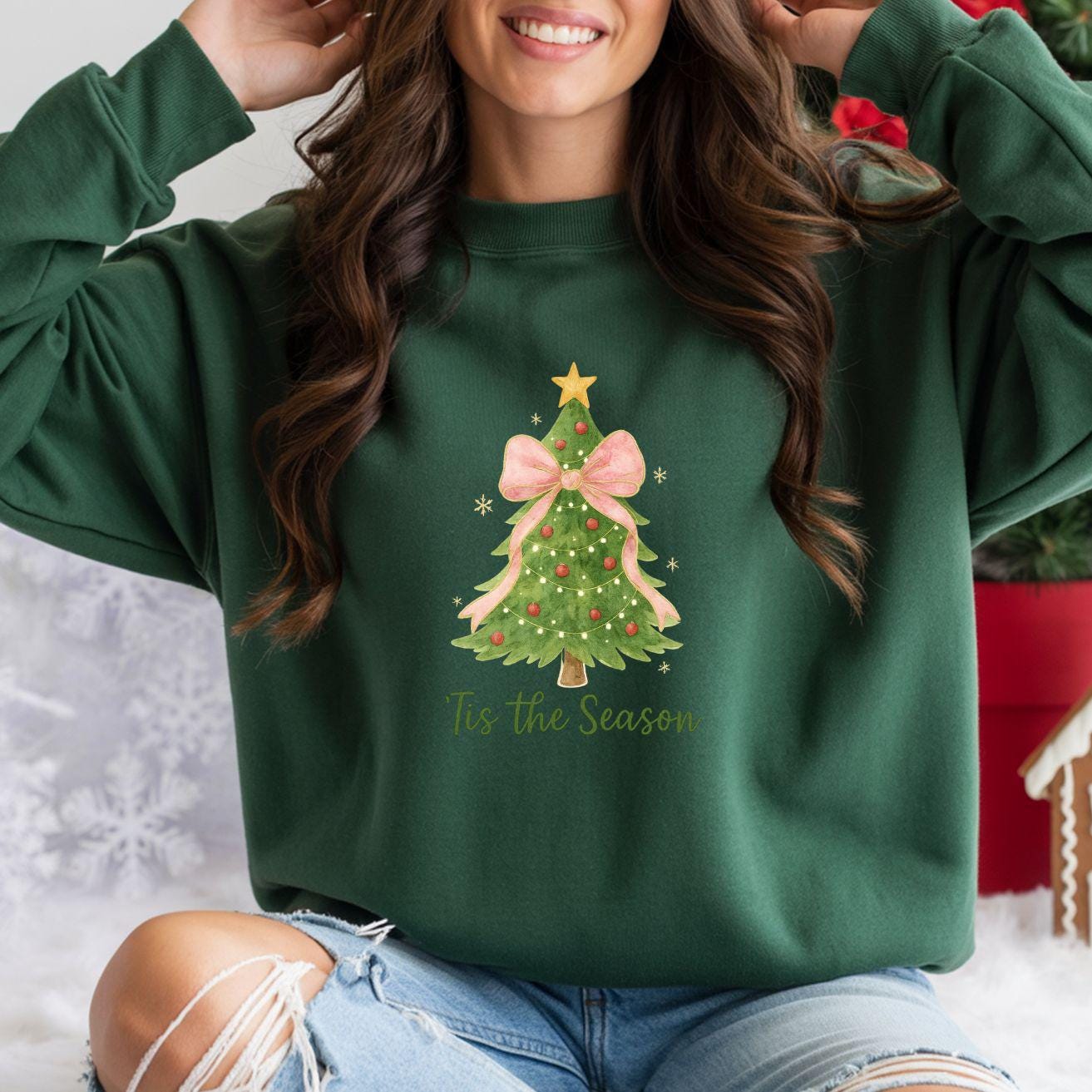 Tis the Season Coquette Pink Bow Christmas Sweatshirt:  Pretty Holiday Tree Sweatshirt