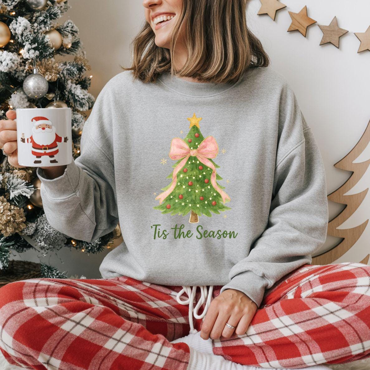 Tis the Season Coquette Pink Bow Christmas Sweatshirt:  Pretty Holiday Tree Sweatshirt