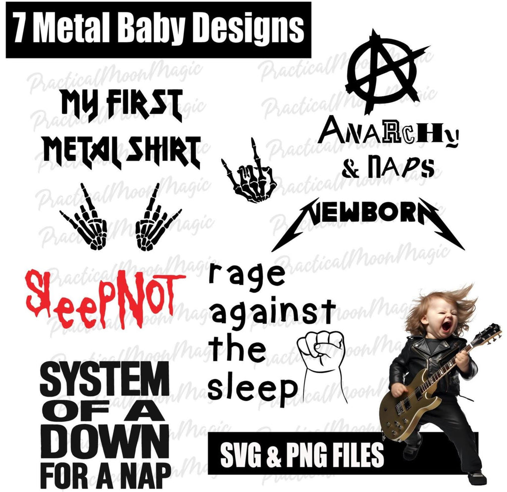 Metal Baby Vol. 1 SVG PNG Bundle: 7 Punk Rock Goth Baby Bodysuit Designs (Digital Download)