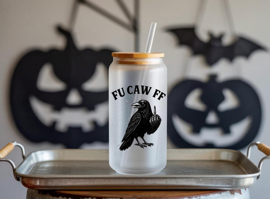 Fu Caw FF Funny Crow Iced Coffee Libbey Glass Jar, Bamboo Lid & Glass Straw