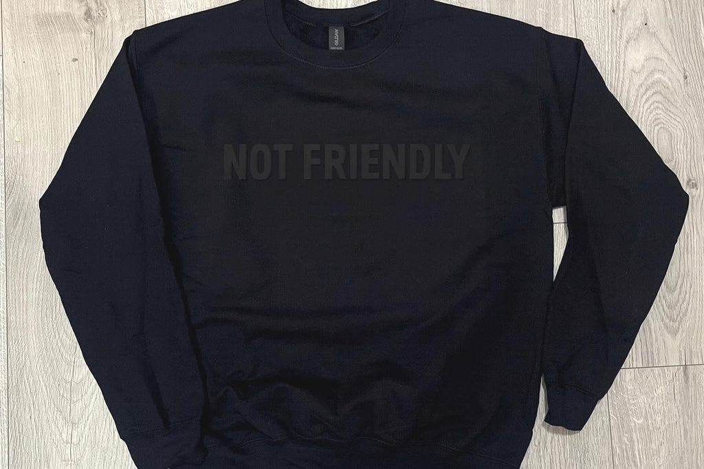 Not Friendly Black Sweatshirt: Gothic Dark Humor Crewneck
