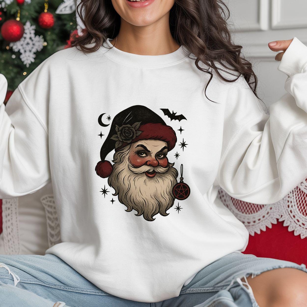 Creepy Horror Santa Sweatshirt:  Gothic Emo Krampus Sweatshirt
