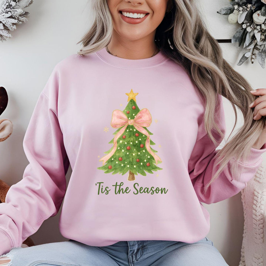 Tis the Season Coquette Pink Bow Christmas Sweatshirt:  Pretty Holiday Tree Sweatshirt