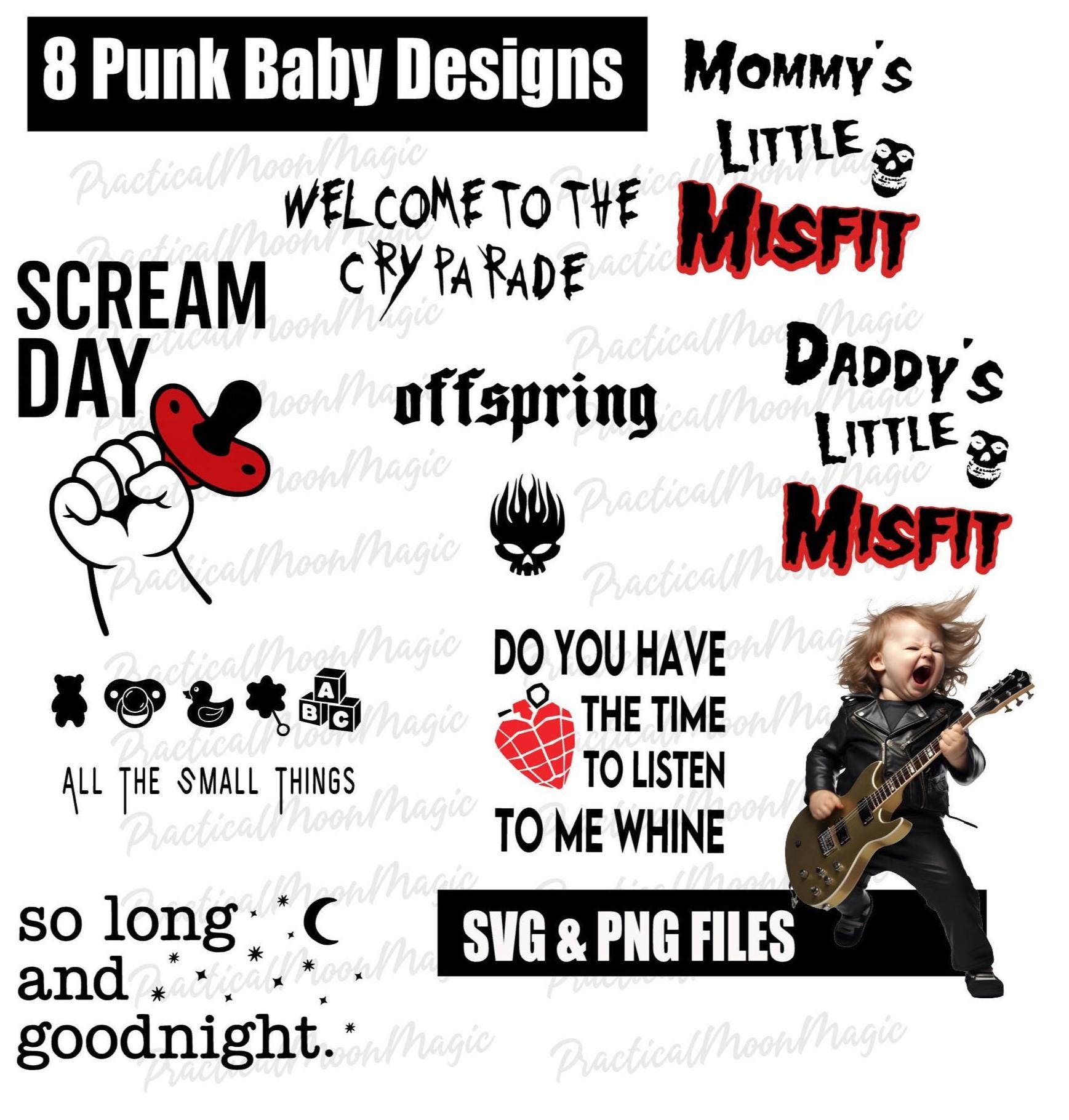 8 Punk Rock Baby Bodysuit SVG Bundle: Goth Designs Vol 1 (Digital Download)