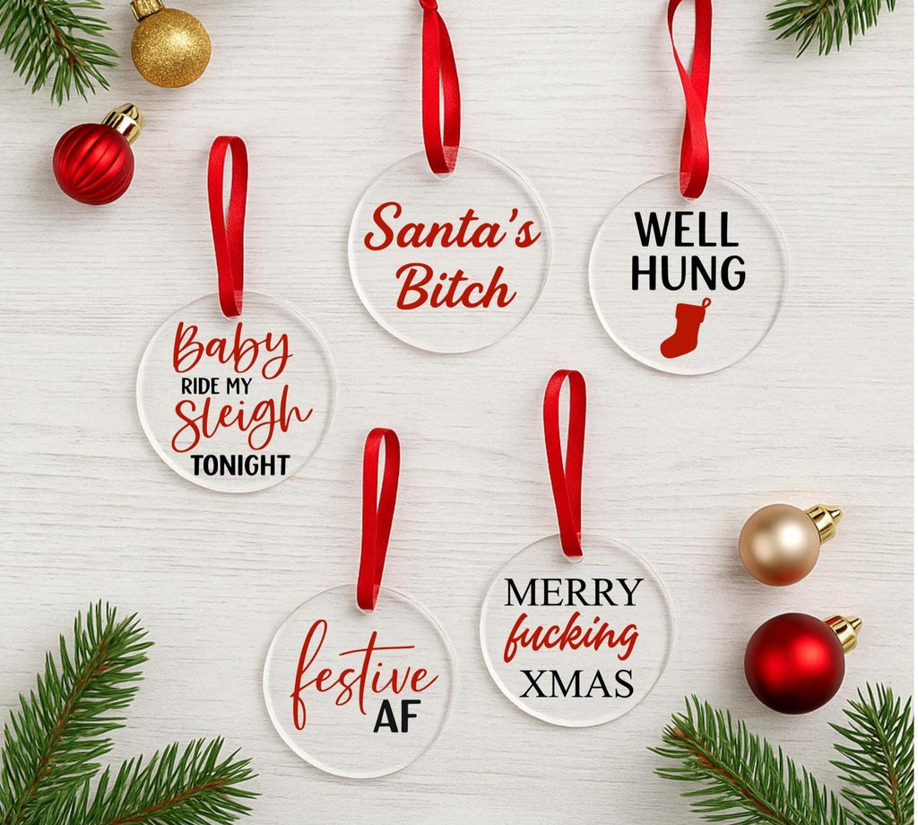 Set of 5 Merry F*cking Xmas Glass Ornaments – Naughty Holiday Decor for Adults