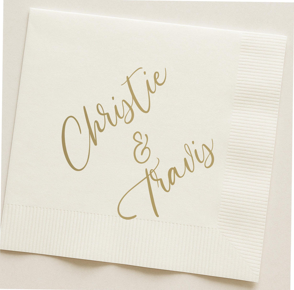 50 Count Personalized White Paper Napkins with Gold Text