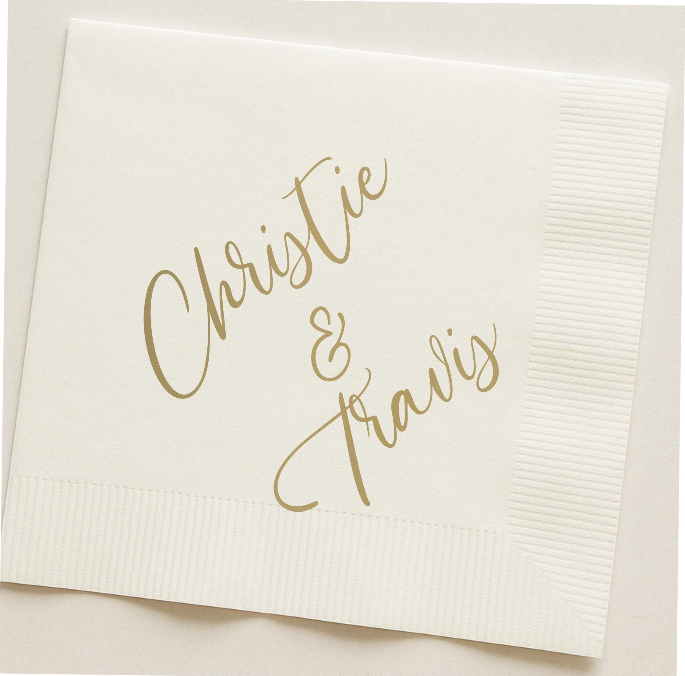50 Count Personalized White Paper Napkins with Gold Text