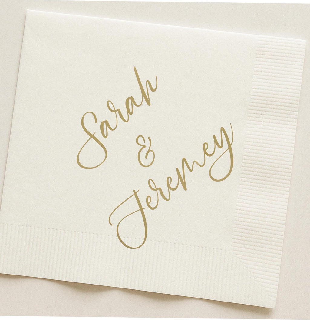 50 Count Personalized White Paper Napkins with Gold Text