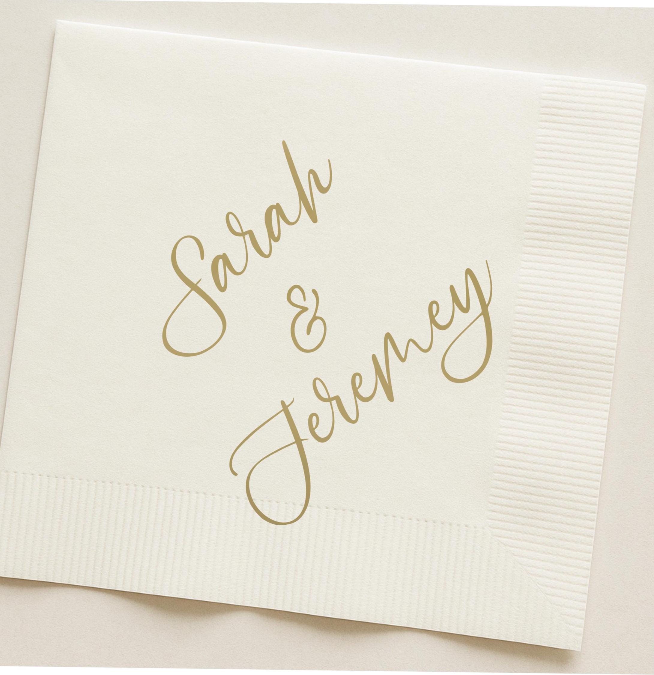 50 Count Personalized White Paper Napkins with Gold Text
