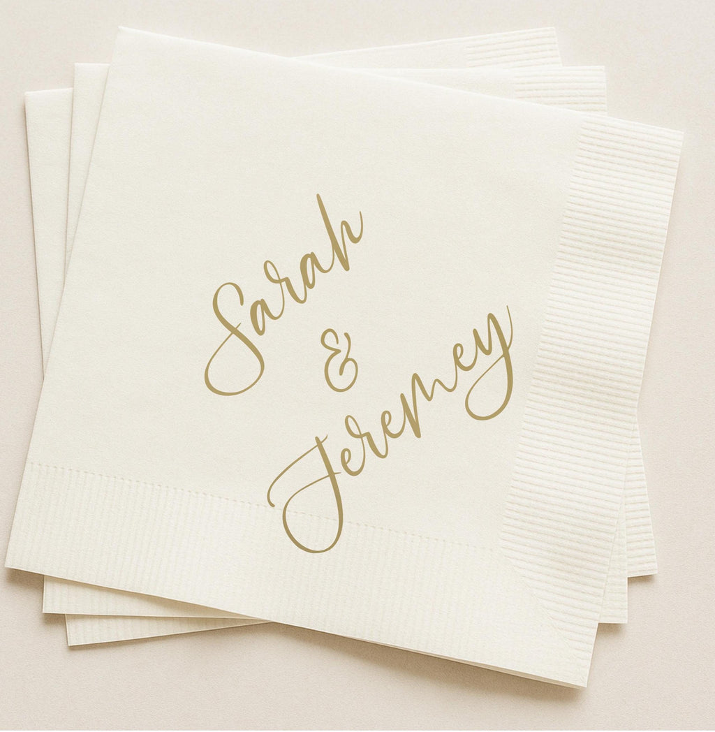 50 Count Personalized White Paper Napkins with Gold Text