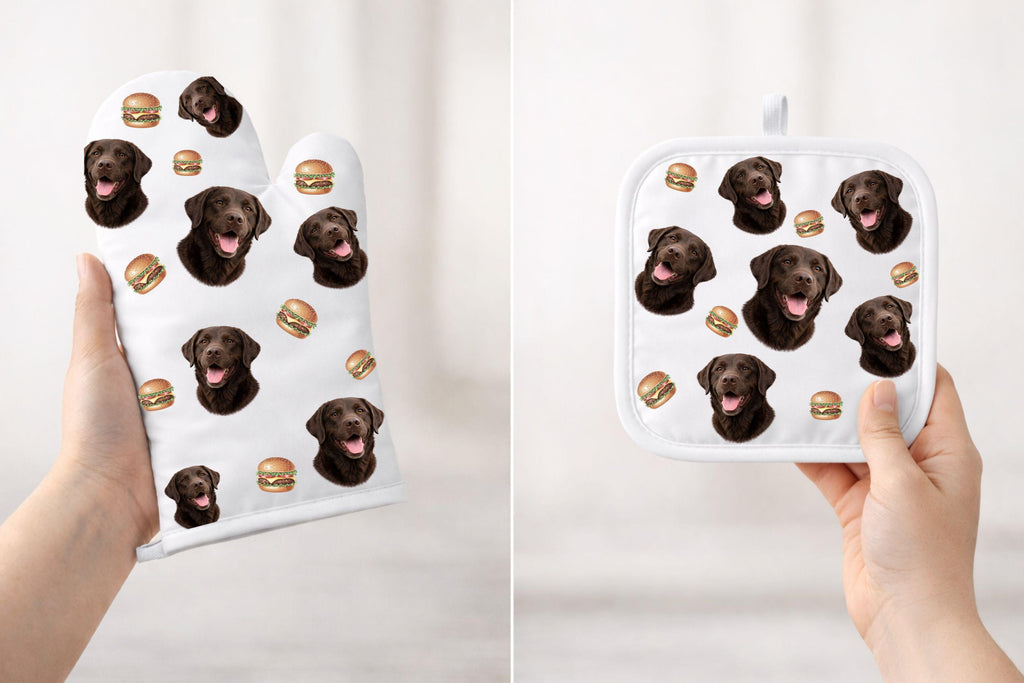 Custom Dog Oven Mitt & Pot Holder Set – Your Pet Photo with Their Favourite Food