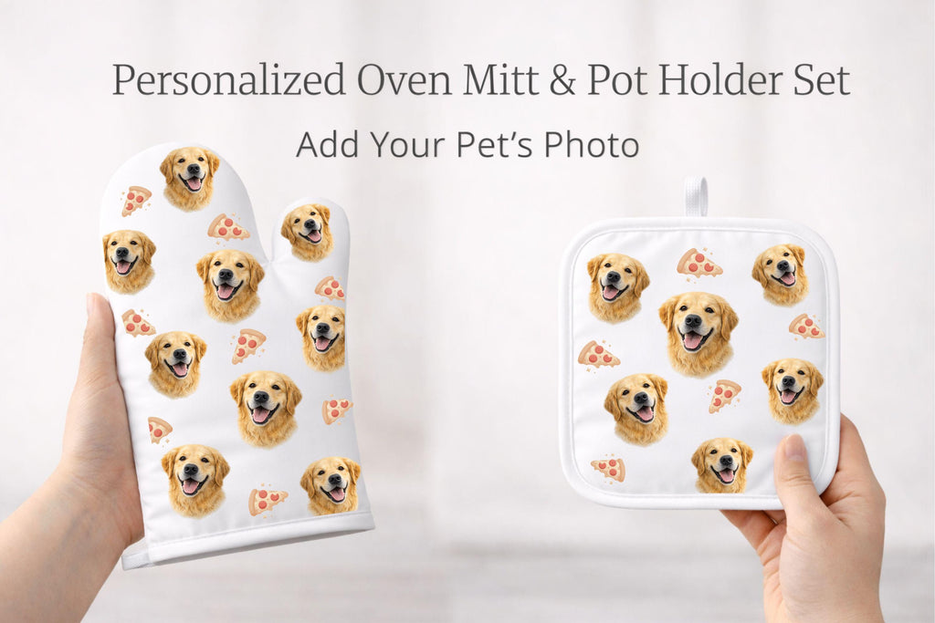 Custom Dog Oven Mitt & Pot Holder Set – Your Pet Photo with Their Favourite Food