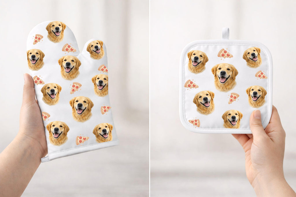 Custom Dog Oven Mitt & Pot Holder Set – Your Pet Photo with Their Favourite Food
